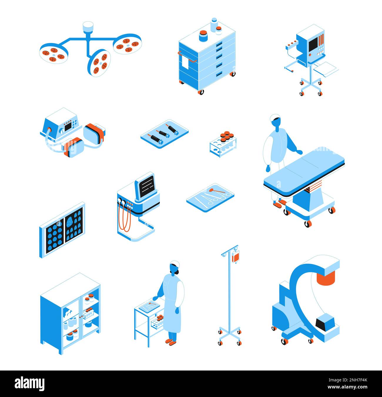 Set isometrico di icone con strumenti chirurgici e interno della sala operatoria isolato su sfondo bianco 3D illustrazione vettoriale Illustrazione Vettoriale