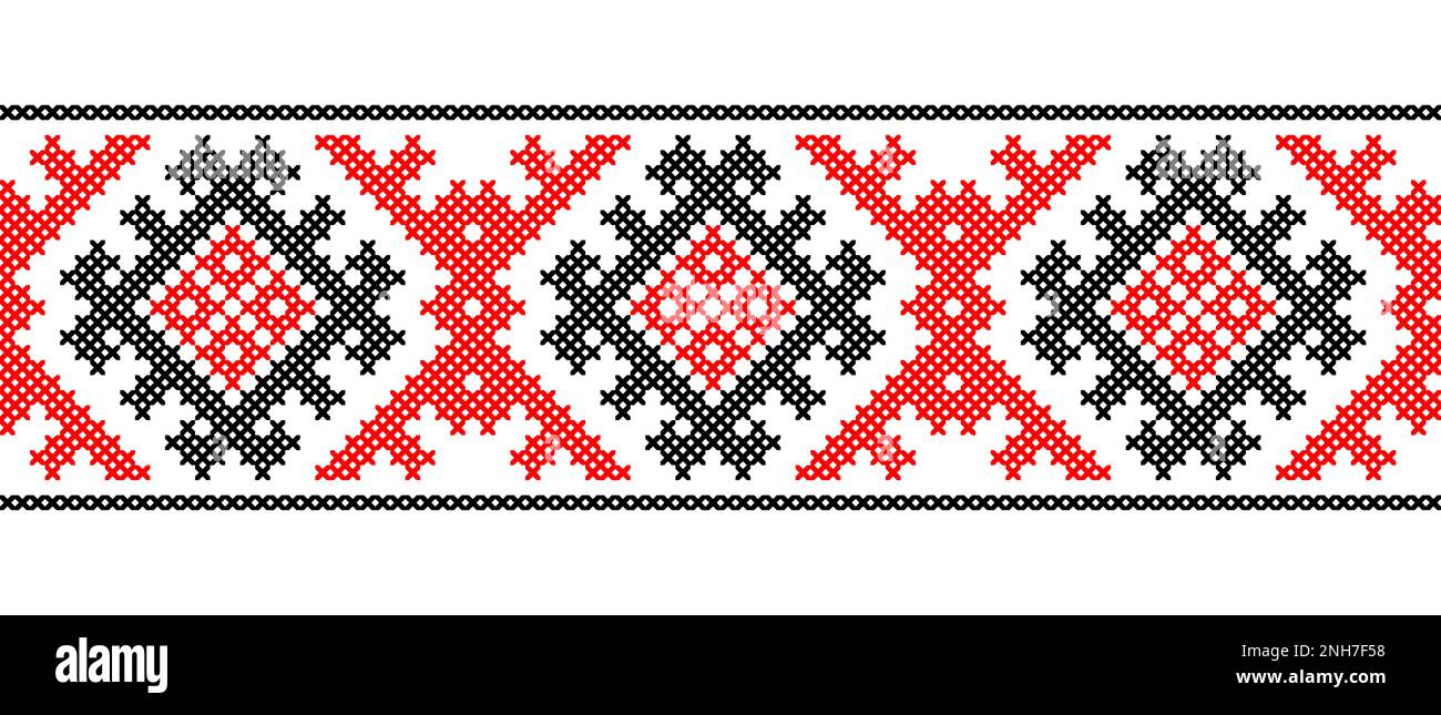 Modello ucraino. Ornamento vettoriale, bordo senza giunture. Popolare ucraino, ricamo geometrico etnico. Motivo in rosso e nero. Pixel art Illustrazione Vettoriale