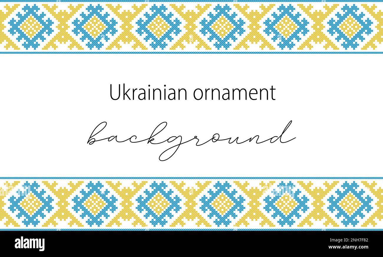 Sfondo vettoriale ucraino, banner, poster.folk tradizionale, ornamento etnico. Bordo nei colori giallo e blu bandiera Ucraina. Pixel art, vyshyvanka Illustrazione Vettoriale