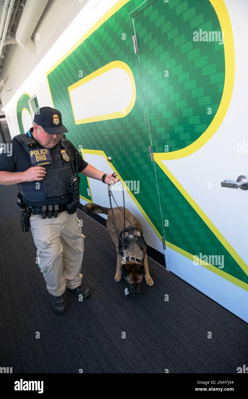 Tim McKenna, un gestore del rivelatore esplosivo K-9 presso il Federal Protective Service lavora con il suo cane Misa, un malinois belga, Mentre conducono le azioni di addestramento in corso per valutare eventuali minacce potenziali per contribuire a garantire la sicurezza dei partecipanti e degli osservatori ai Campionati di Hayward Field presso l'Università dell'Oregon di Eugene, Ore., 21 luglio 2022. I Campionati del mondo si sono tenuti dal 15 al 24 luglio 2022 ed è stata la prima volta che l'evento si è tenuto negli Stati Uniti. (Foto della Guardia Nazionale di John Hughel, Oregon Military Department Public Affairs) Foto Stock