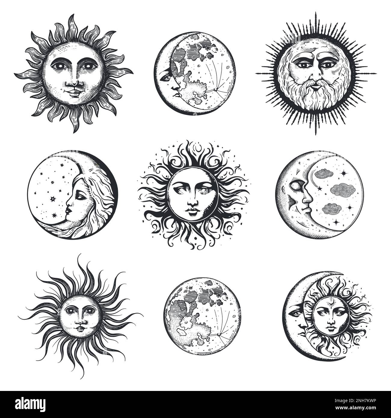 Luna e sole, disegno a mano in set stile incisione Illustrazione Vettoriale