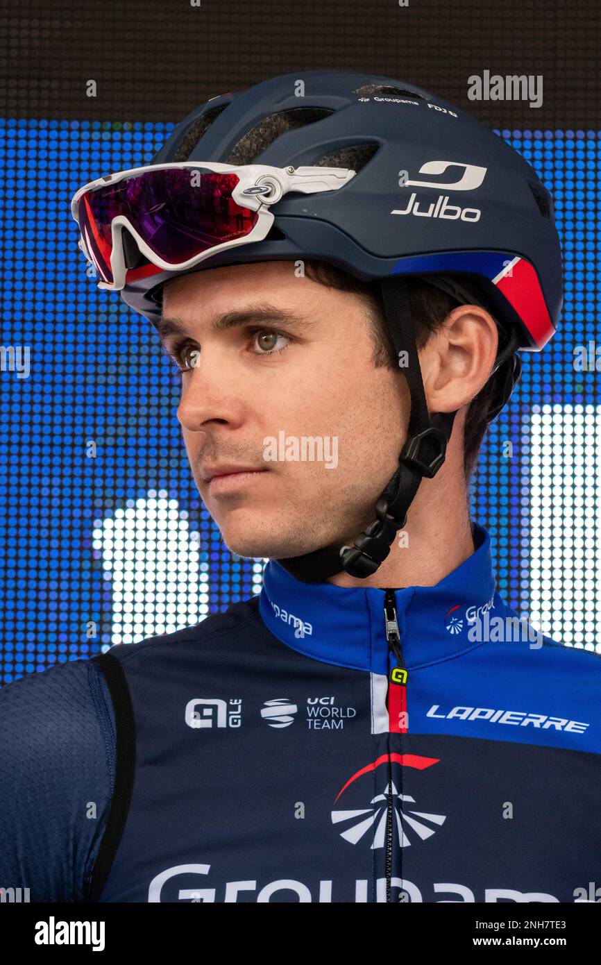 Pilota francese Rudy Molard della scuderia Groupama-fdj visto durante il turno di presentazione prima dell'inizio della seconda tappa del 2023 Tour des Alpes-maritimes et du Var. La seconda tappa del Tour des Alpes-maritimes et du Var 2023 inizia a Mandelieu la Napoule e raggiungerà Antibes dopo 179 km, 4 km di corse. La maglia gialla del leader dopo la prima tappa è indossata dal francese Kevin Vauquelin (team Arkea Samsic) che precede Neilson Powless (team EF Education - EasyPost) a 09 secondi e Kevin Geniets (team Groupama-fdj) al terzo posto a 11 secondi. Foto Stock