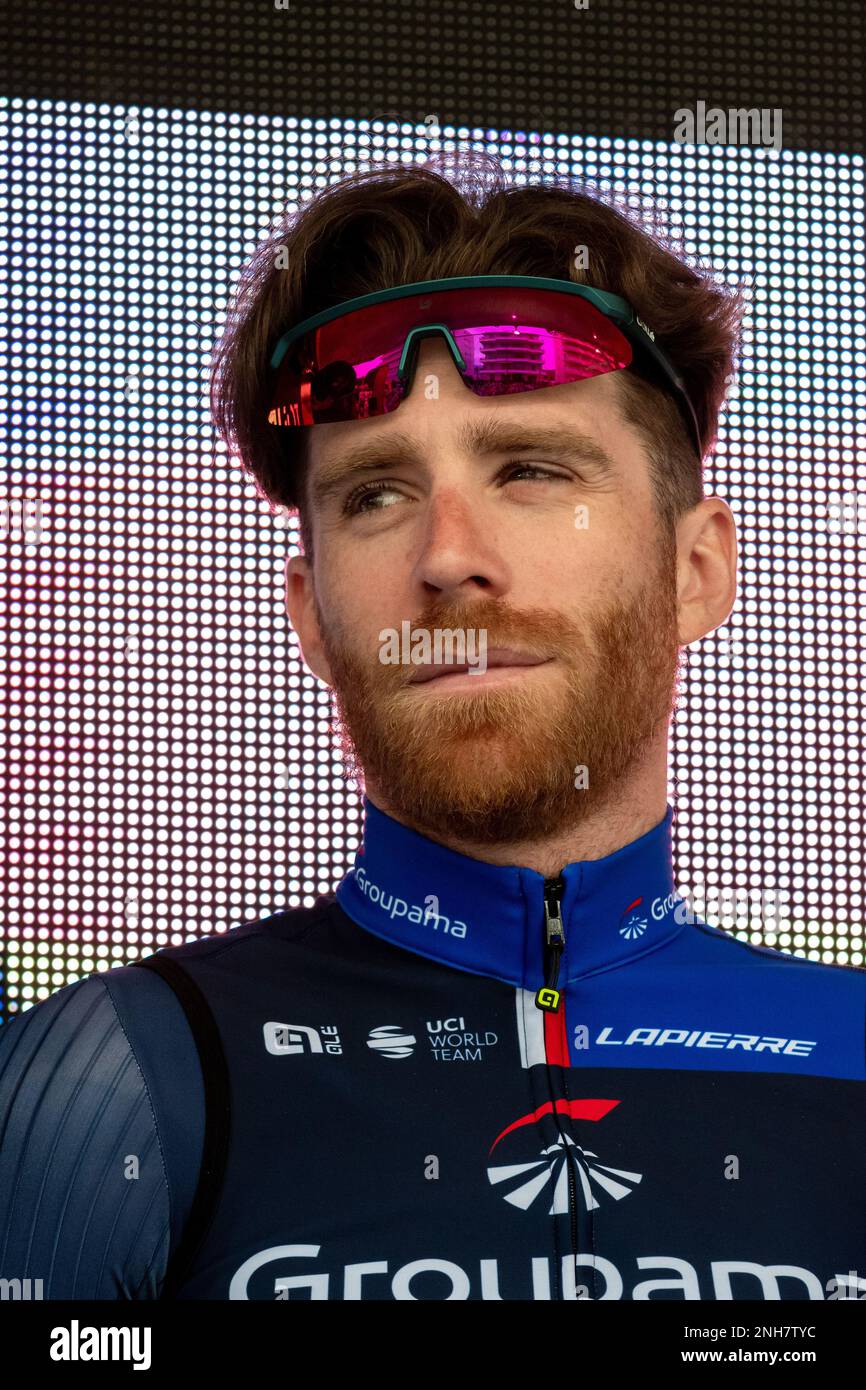 Il pilota Quentin Pacher del team Groupama-fdj visto durante il turno di presentazione prima dell'inizio della seconda tappa del 2023 Tour des Alpes-maritimes et du Var. La seconda tappa del Tour des Alpes-maritimes et du Var 2023 inizia a Mandelieu la Napoule e raggiungerà Antibes dopo 179 km, 4 km di corse. La maglia gialla del leader dopo la prima tappa è indossata dal francese Kevin Vauquelin (team Arkea Samsic) che precede Neilson Powless (team EF Education - EasyPost) a 09 secondi e Kevin Geniets (team Groupama-fdj) al terzo posto a 11 secondi. (Foto di Laurent Coust/SOPA Images/Sipa USA) Foto Stock