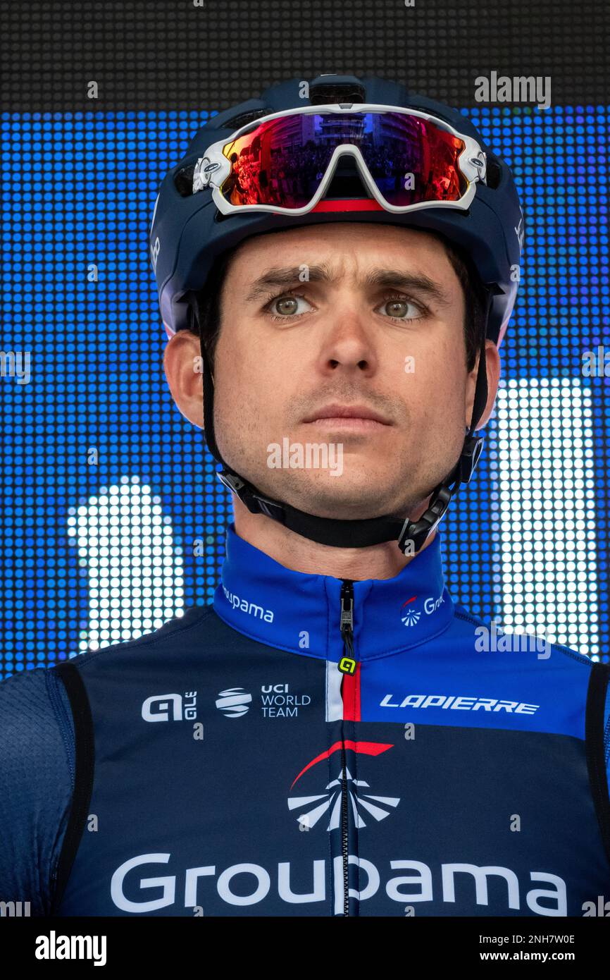 Pilota francese Rudy Molard della scuderia Groupama-fdj visto durante il turno di presentazione prima dell'inizio della seconda tappa del 2023 Tour des Alpes-maritimes et du Var. La seconda tappa del Tour des Alpes-maritimes et du Var 2023 inizia a Mandelieu la Napoule e raggiungerà Antibes dopo 179 km, 4 km di corse. La maglia gialla del leader dopo la prima tappa è indossata dal francese Kevin Vauquelin (team Arkea Samsic) che precede Neilson Powless (team EF Education - EasyPost) a 09 secondi e Kevin Geniets (team Groupama-fdj) al terzo posto a 11 secondi. (Foto di Laurent Coust/SOPA Images/Sipa USA) Foto Stock