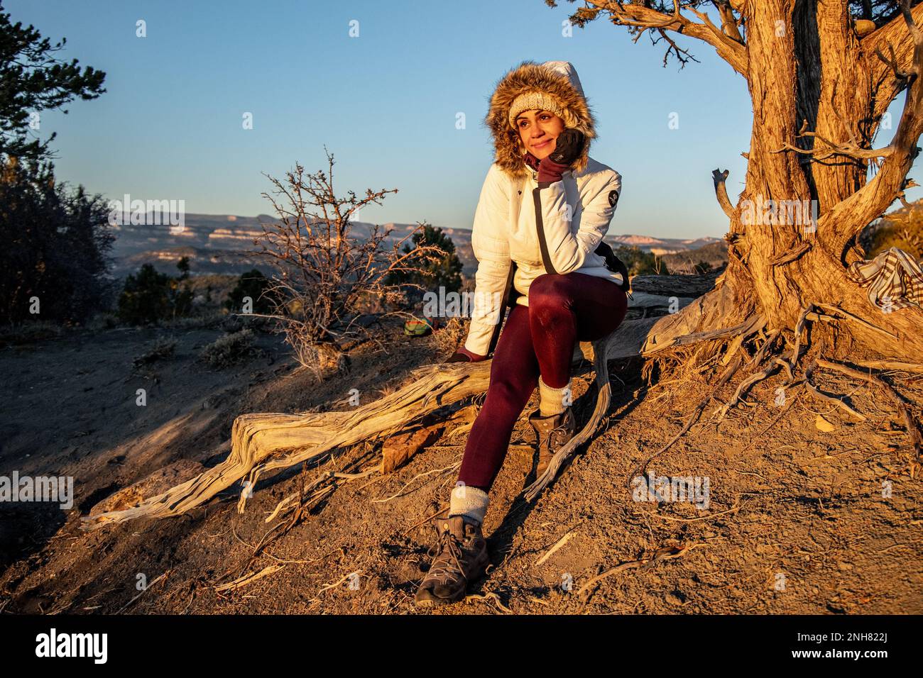 Bella ragazza escursionista vestita per il freddo mentre escursioni allo Zion National Park, Utah Foto Stock
