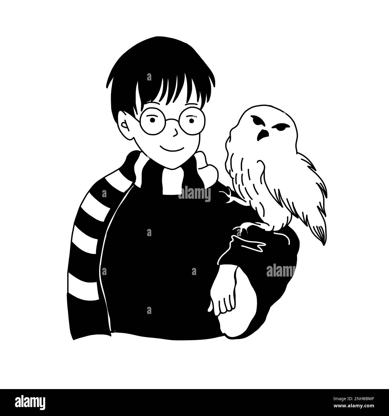 Harry Potter in bicchieri con gufo bianco dai libri. Illustrazione magica vettoriale in stile fumetto isolato su sfondo bianco. Illustrazione Vettoriale