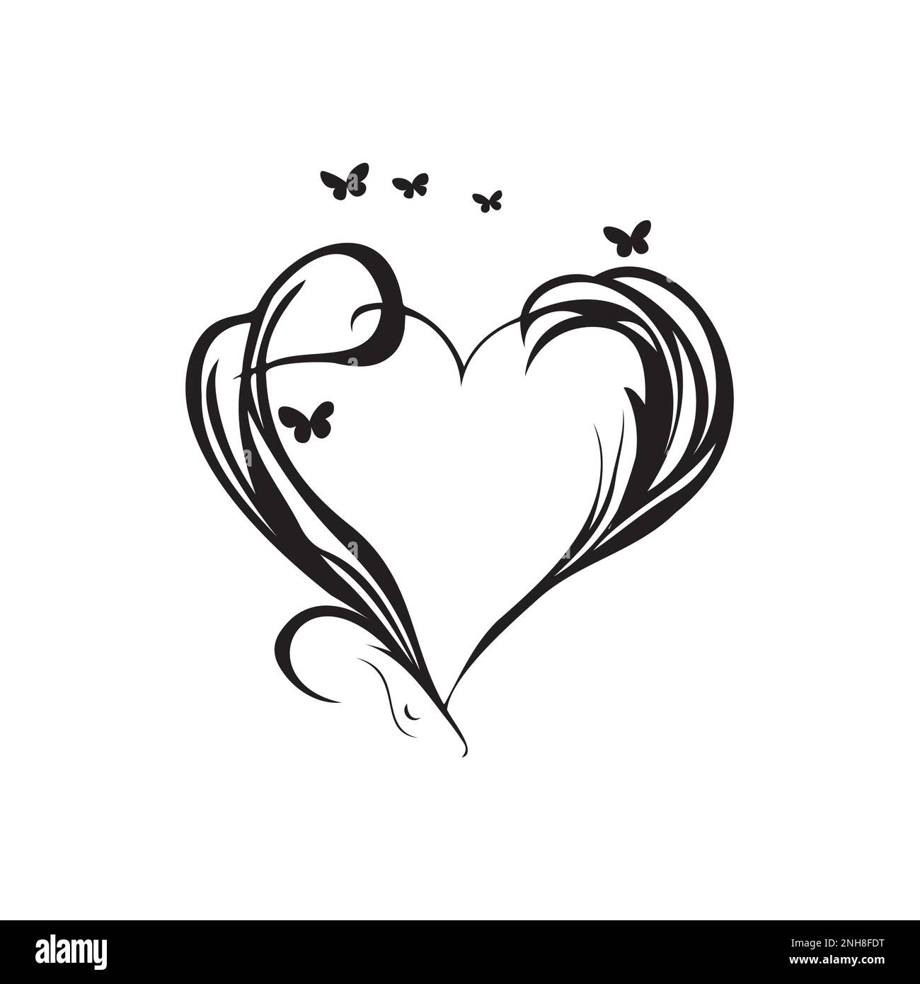 Decorazione cuore design con corona floreale. Linea arte cuore disegnato a mano. Ornamento farfalla motivo vettore e illustrazione. Illustrazione Vettoriale