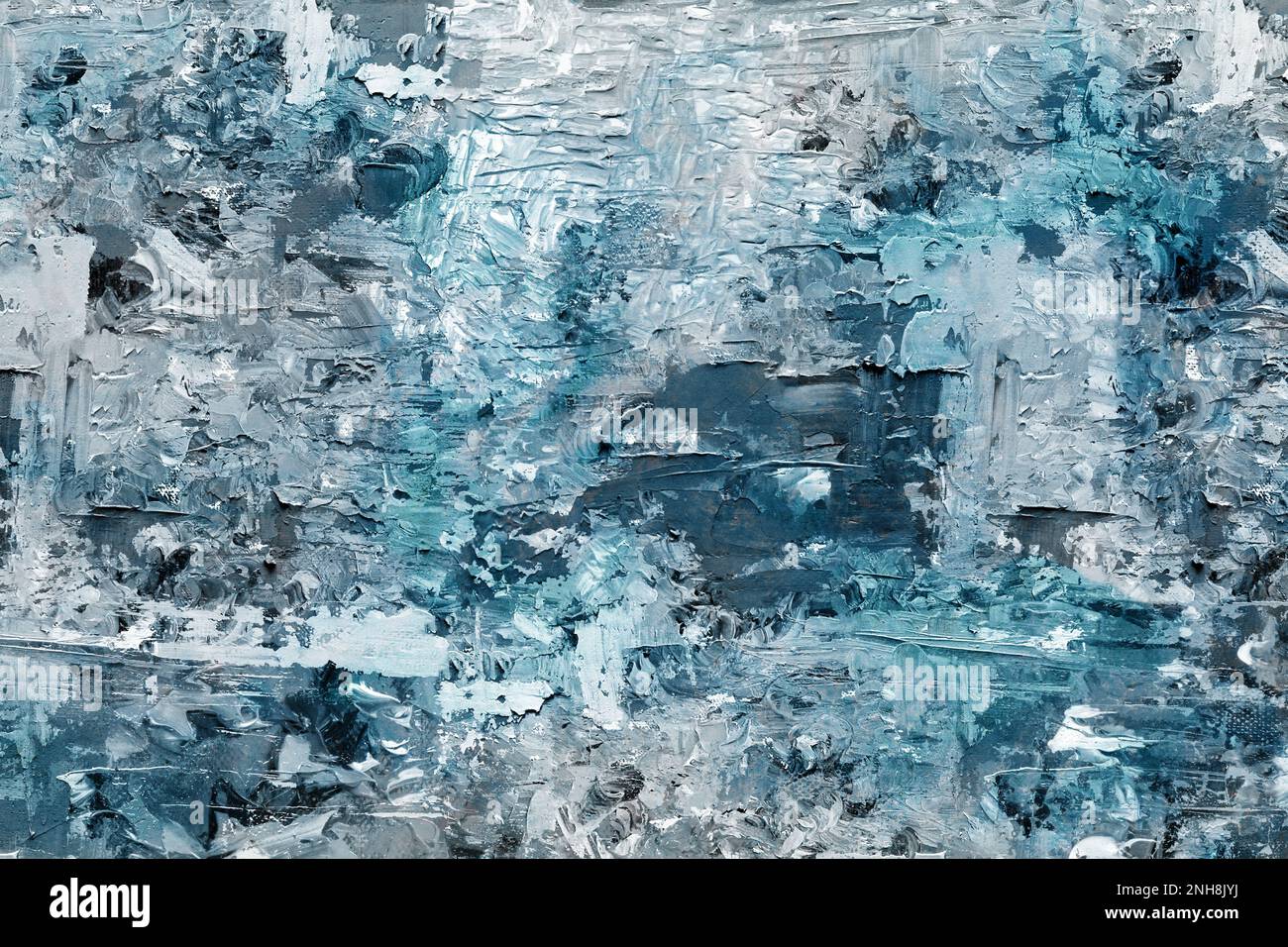 Struttura verniciata a olio. Grandi tratti di pennello su tela. Spruzzi di blu e turchese sulla grana della carta. Opera d'arte acrilica su carta con motivo macchiato. Trama Foto Stock