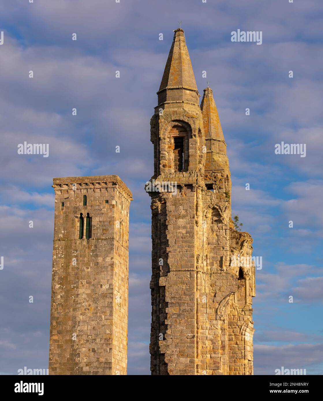 ST ANDREWS, SCOZIA, EUROPA - rovine della Cattedrale di St Andrews. St Rule's Tower, a sinistra. Foto Stock
