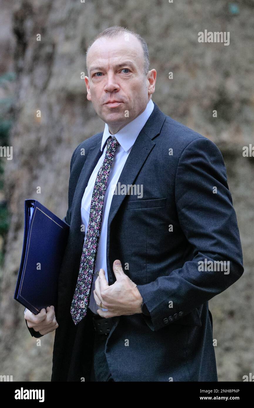 Londra, Regno Unito. 21st Feb, 2023. Chris Heaton-Harris, deputato, Segretario di Stato per l'Irlanda del Nord. I ministri partecipano alla riunione settimanale del gabinetto a Downing Street, tra le tensioni e le dimissioni potenziali o minacciate sulla scia degli attuali negoziati del protocollo per l'Irlanda del Nord, nonché altri punti di contenuto tra le diverse sezioni del Partito conservatore. Credit: Imageplotter/Alamy Live News Foto Stock