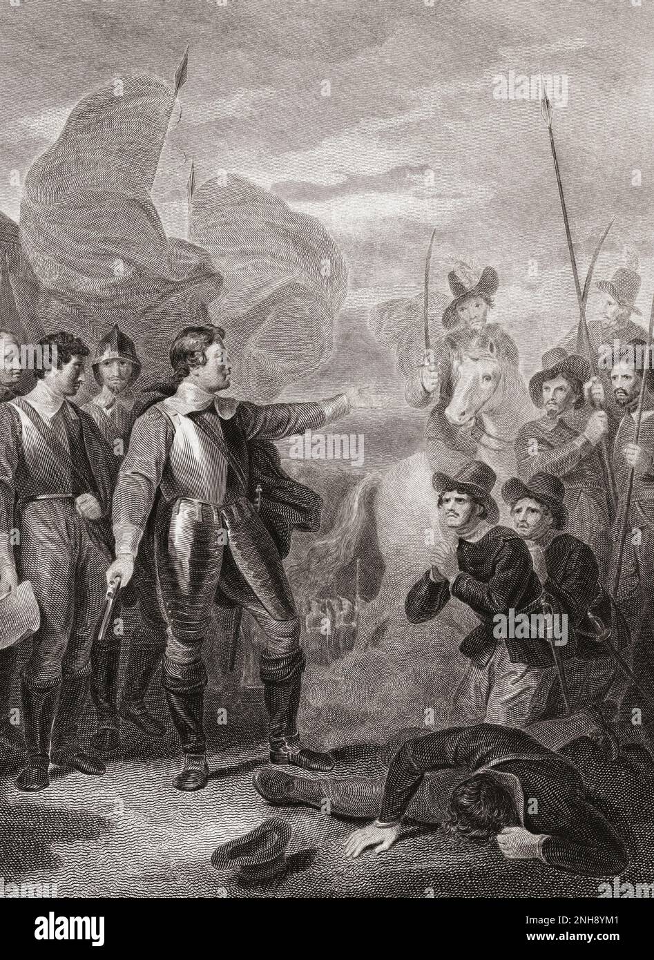 Oliver Cromwell sopprimendo il Mutiny di Burford, 1649, durante la guerra civile inglese. Conosciuto anche come il Mutiny dei Levellers e il Mutiny di Banbury. Dopo una stampa di E.W. Thompson da un'opera di Robert Smirke originariamente apparsa nella Robert Bowyer's Historic Gallery, pubblicata tra il 1793 e il 1806. Foto Stock