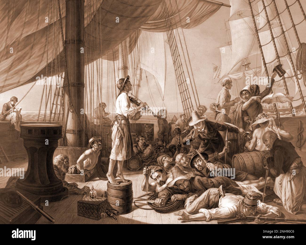 La furia dei pirati. I pirati si lanciano in un mercantile fingendo di essere una nave in difficoltà. Illustrazione dalla carta del ragazzo, 1896. Foto Stock