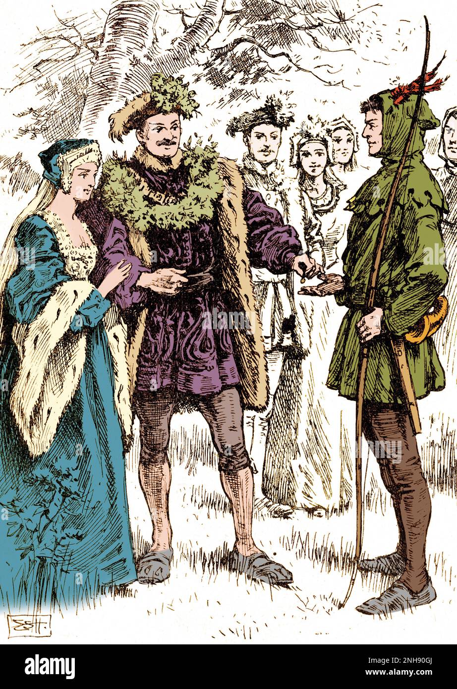Legno di Robin Hood incontro con Maid Marion e lo sceriffo di Nottingham, 1913. Robin Hood era una figura popolare nel tardo Medioevo, che si dice abbia derubato dai ricchi e dato ai poveri. Le prime ballate conosciute che lo caratterizzano sono del 15th ° secolo. Colorato. Foto Stock