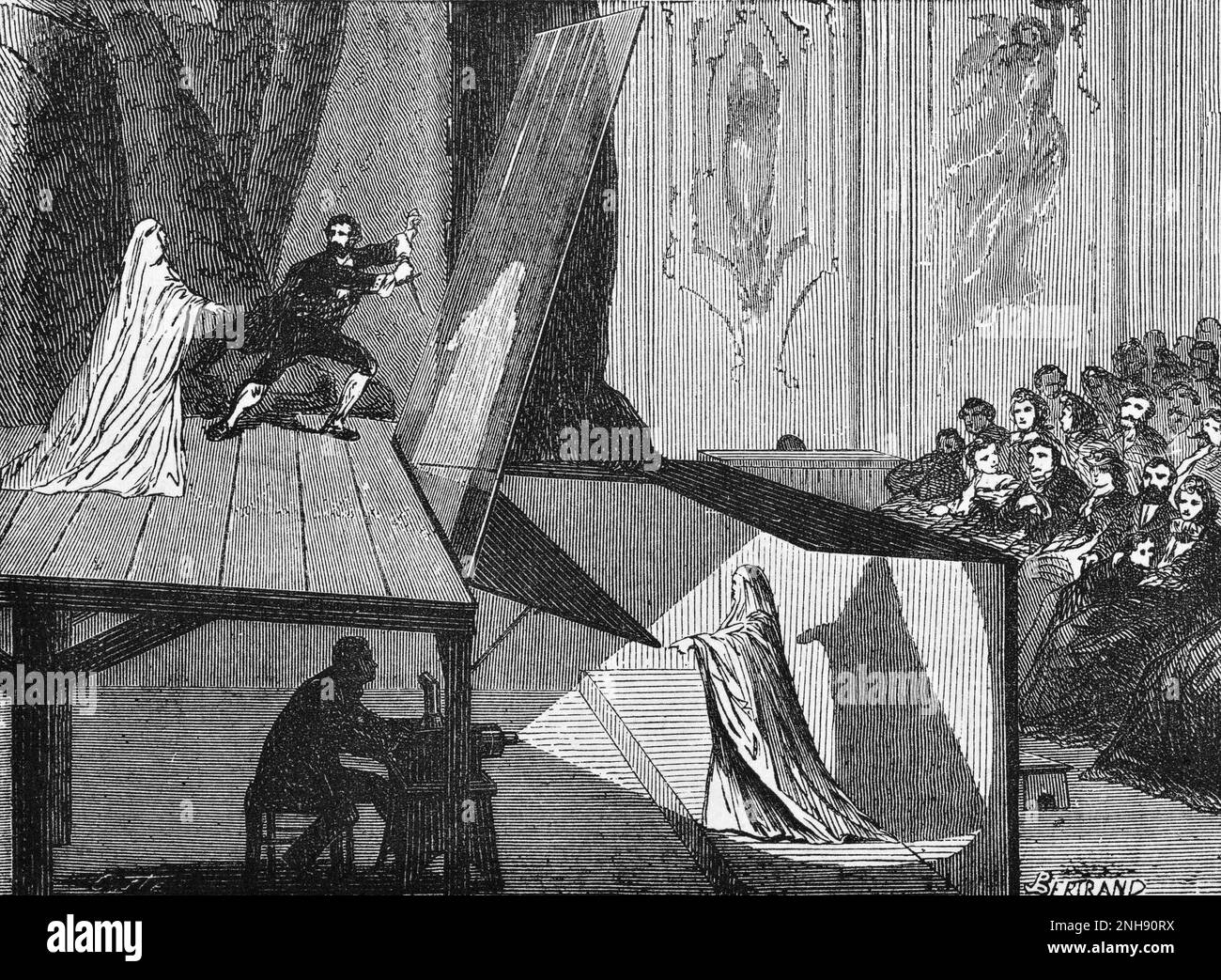 L'illusione fantasma, 1881. Illustrazione dei segreti del palcoscenico di Jean-Eugene Robert-Houdin (1805-1871) un orologiaio, mago e illusionista francese, ampiamente riconosciuto come il padre dello stile moderno del conjuring e la persona da cui Houdini si chiamò. Foto Stock