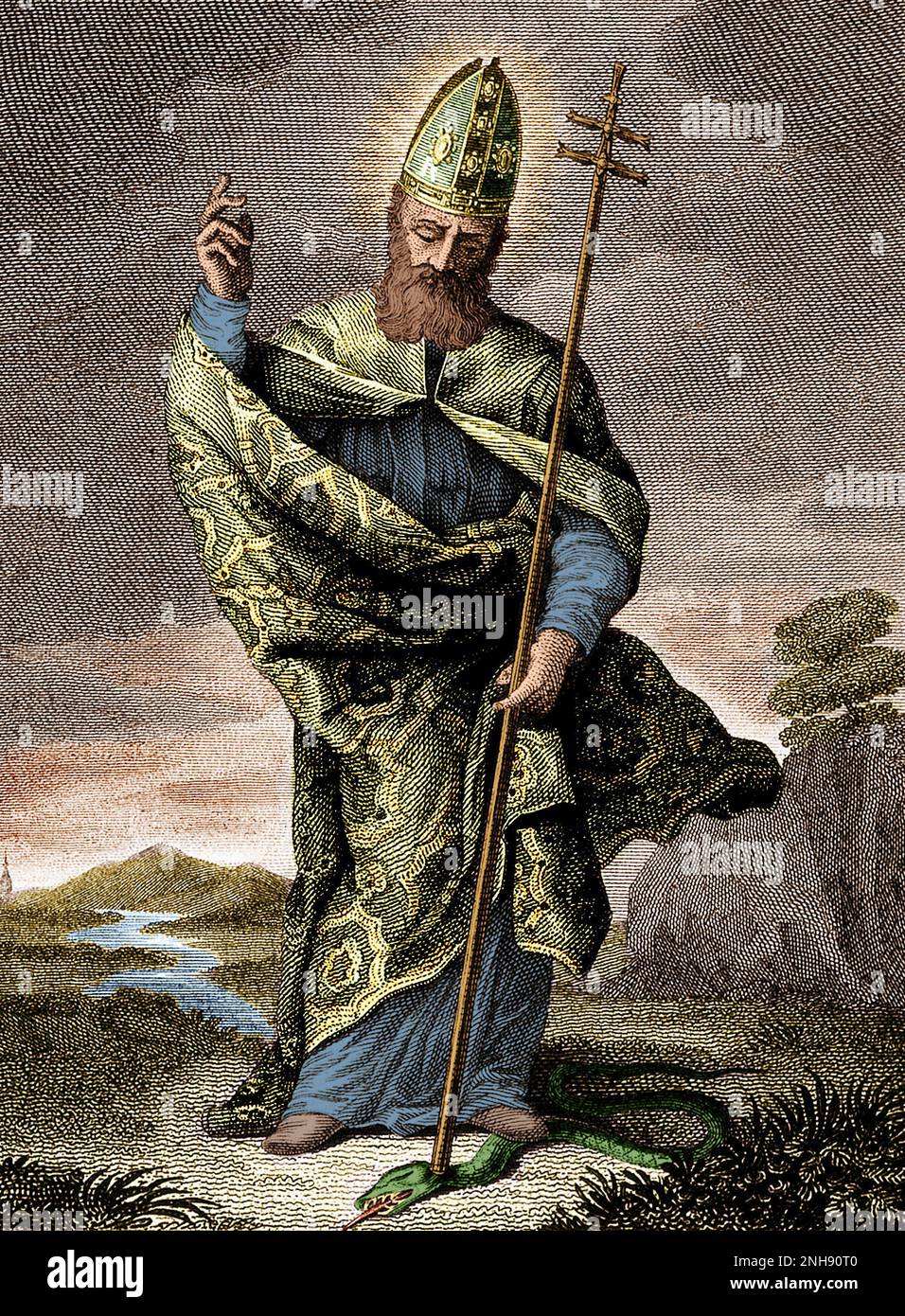 San Patrizio era un missionario e vescovo cristiano romano-britannico del V secolo in Irlanda. È il primo patrono d'Irlanda. Incisione di Edward Francis finden, 1815. Colorato Foto Stock