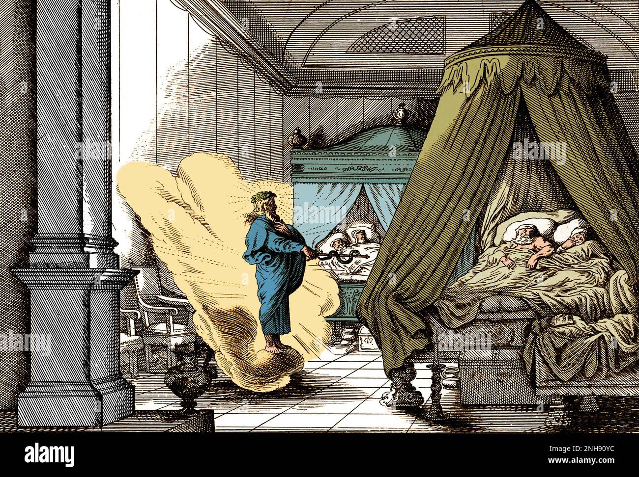 Asclepio, dio greco della medicina, arriva di notte nella camera da letto di alcuni antichi residenti greci di Epidauro. Colorato. Foto Stock