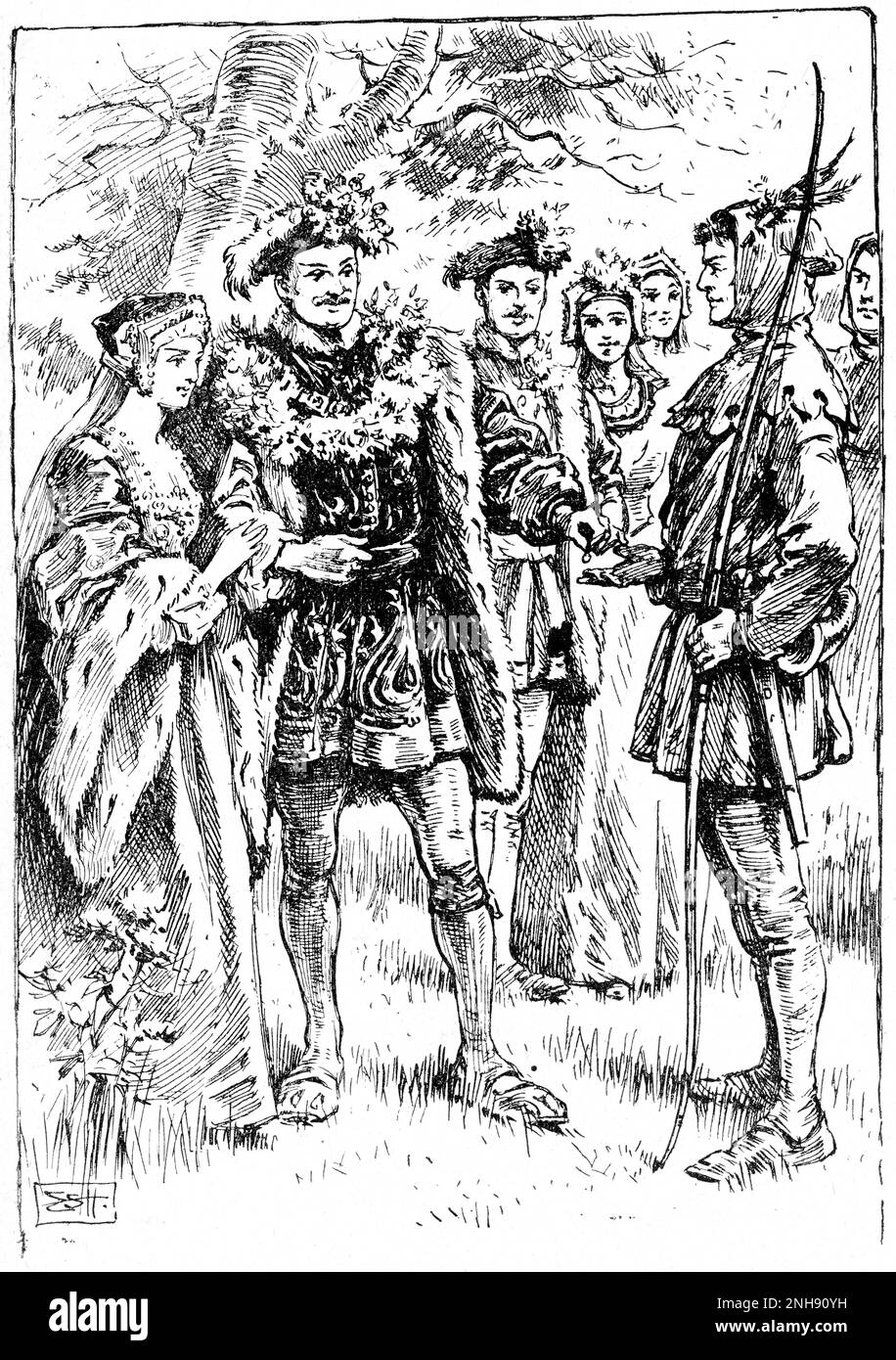 Legno di Robin Hood incontro con Maid Marion e lo sceriffo di Nottingham, 1913. Robin Hood era una figura popolare nel tardo Medioevo, che si dice abbia derubato dai ricchi e dato ai poveri. Le prime ballate conosciute che lo caratterizzano sono del 15th ° secolo. Foto Stock