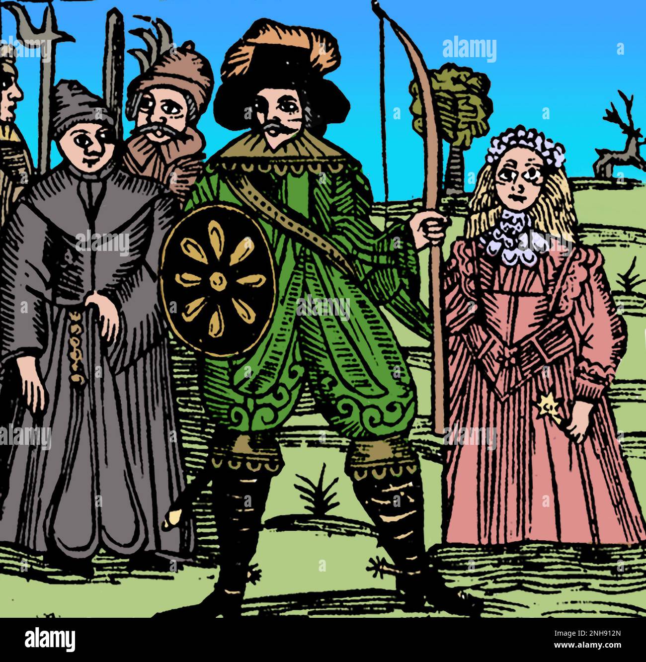 Robin Hood e Maid Marion, circa 16th o 17th C. Robin Hood era una figura popolare nel tardo Medioevo, che si dice abbia derubato dai ricchi e dato ai poveri. Le prime ballate conosciute che lo caratterizzano sono del 15th ° secolo. Colorato. Foto Stock
