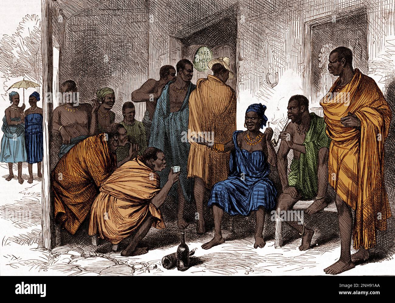 I clienti bevono e fumano in un negozio di alcolici in Sudafrica. Incisione del legno, c. 1877. Colorato. Foto Stock