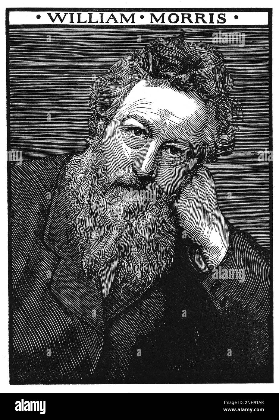 William Morris (1834-1896) è stato un . Stampatore, traduttore e attivista socialista associato al movimento British Arts and Crafts. Legno di Robert Bryden (1865-1939), artista e scultore scozzese, 1901. Foto Stock