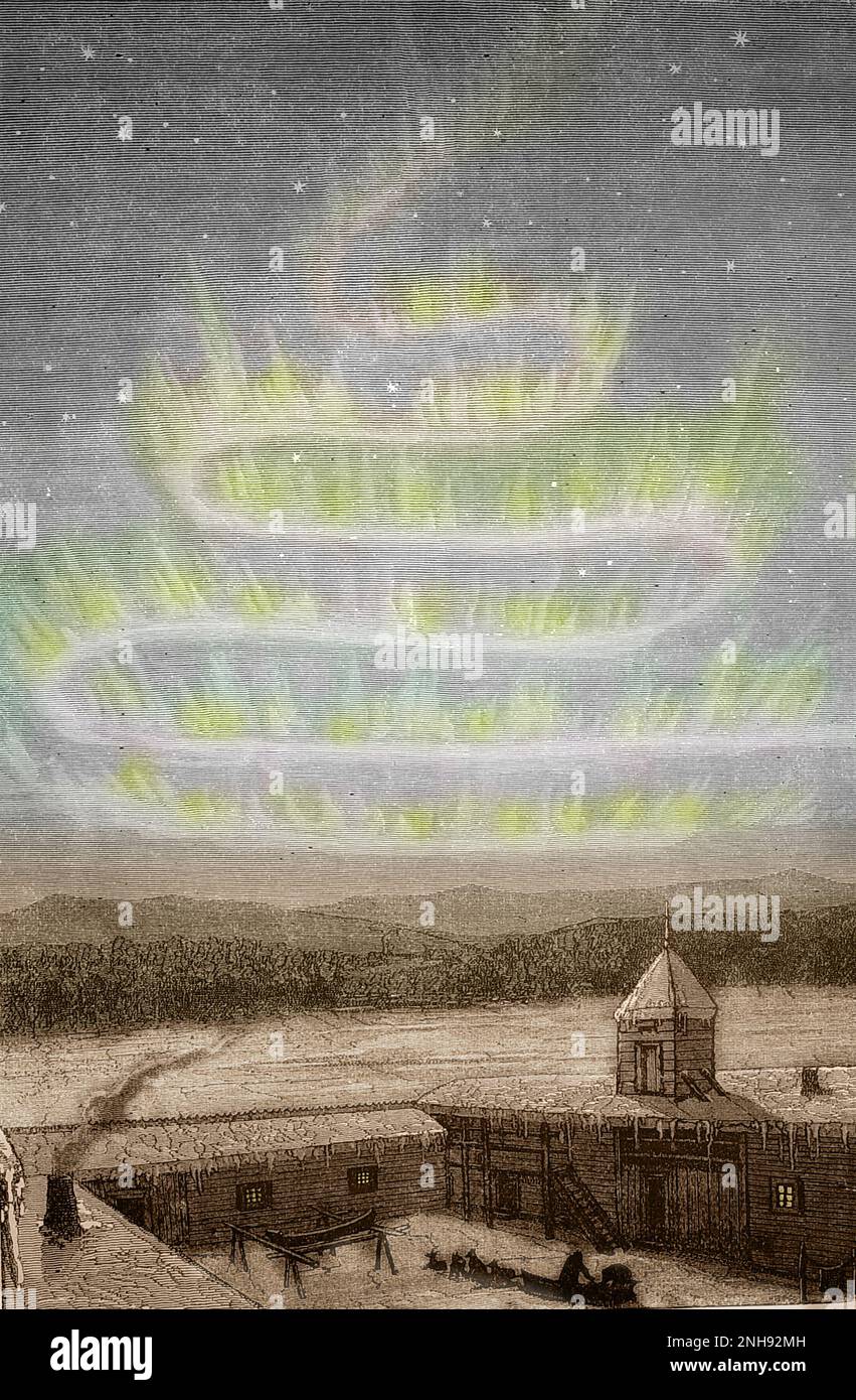 Aurora boreale osservata in Alaska. Incisione dal mondo fisico di A. Guillemin, 1882. Colorato. Foto Stock