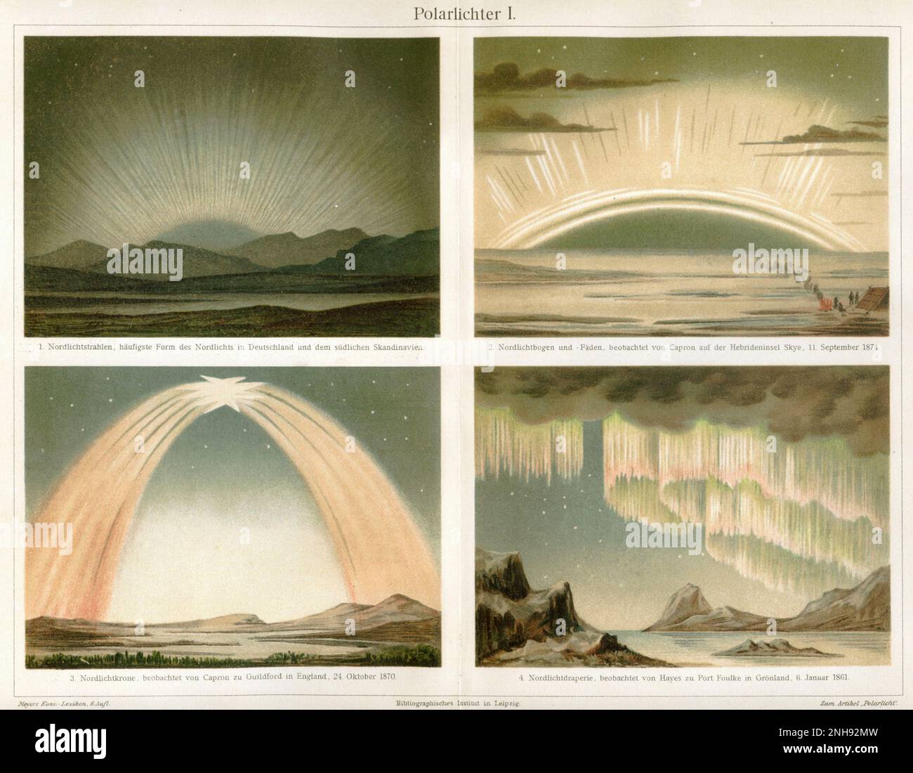 Chromolithograph con quattro immagini dell'aurora boreale, circa 1908. Artista sconosciuto. Foto Stock