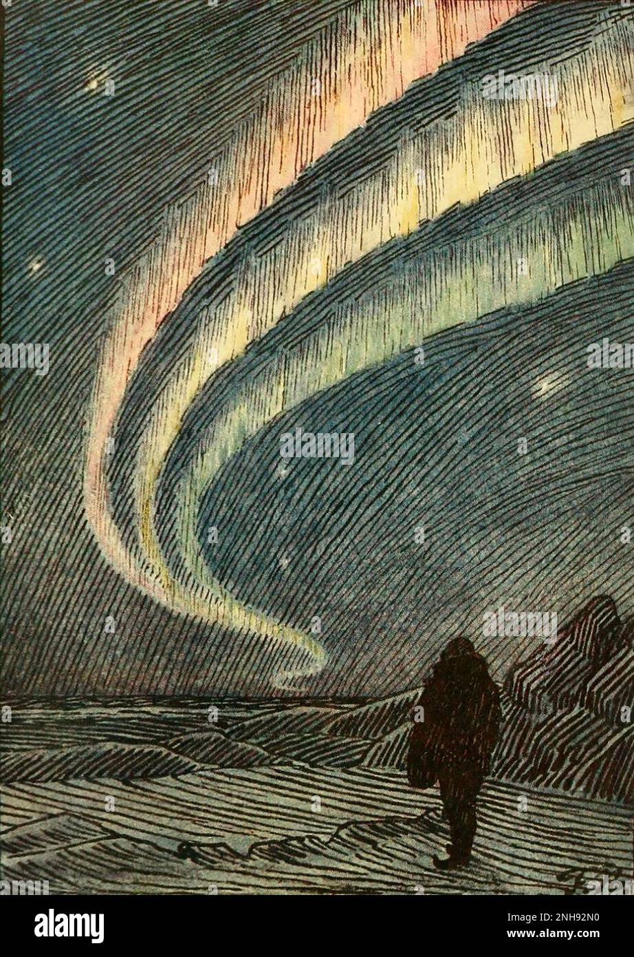 Illustrazione dell'aurora boreale da 'nelle nebbie del nord' di Fridtjof Nansen, 1911. Fridtjof Nansen (1861-1930) è stato un esploratore norvegese e premio Nobel per la pace. Foto Stock