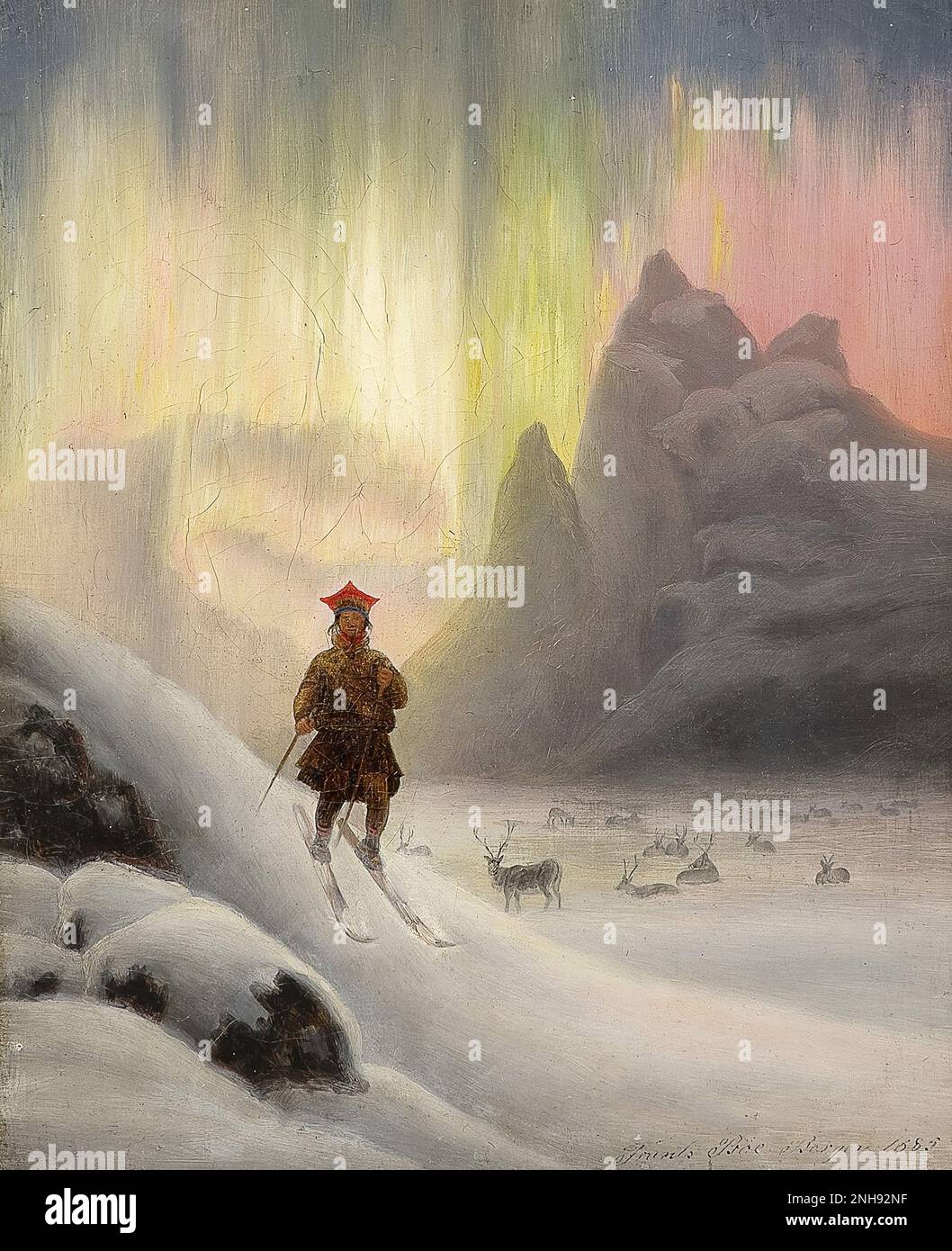 Un dipinto di Frants Diderik boe (1820-1891) di un Sami sugli sci in Lapponia, con l'aurora boreale sullo sfondo, 1885. Foto Stock