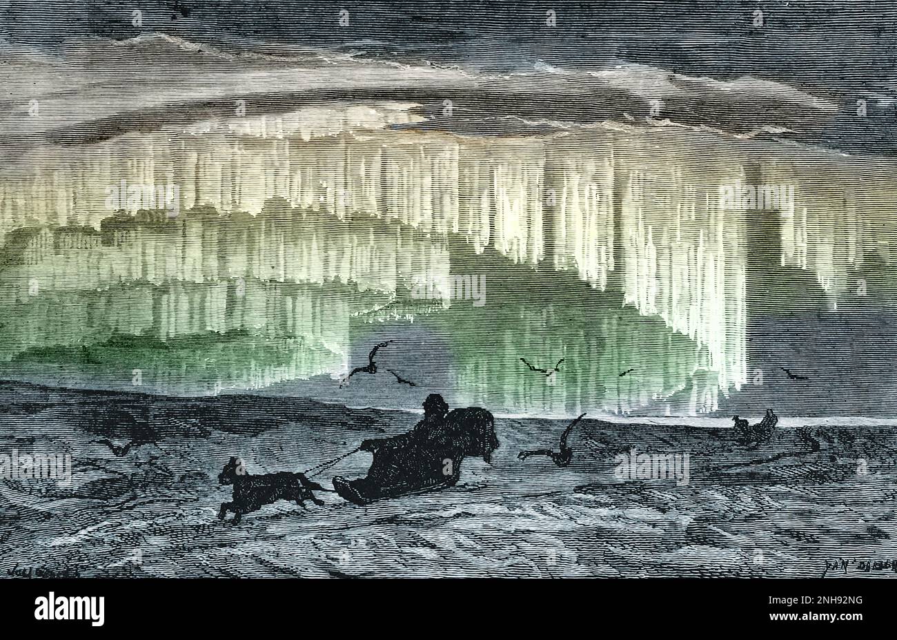 Incisione dell'aurora boreale, da 'l'Espace celeste et la nature tropicale' di J. E. Dargent, J. Babinet, E. Liais, 1866. Colorato. Foto Stock