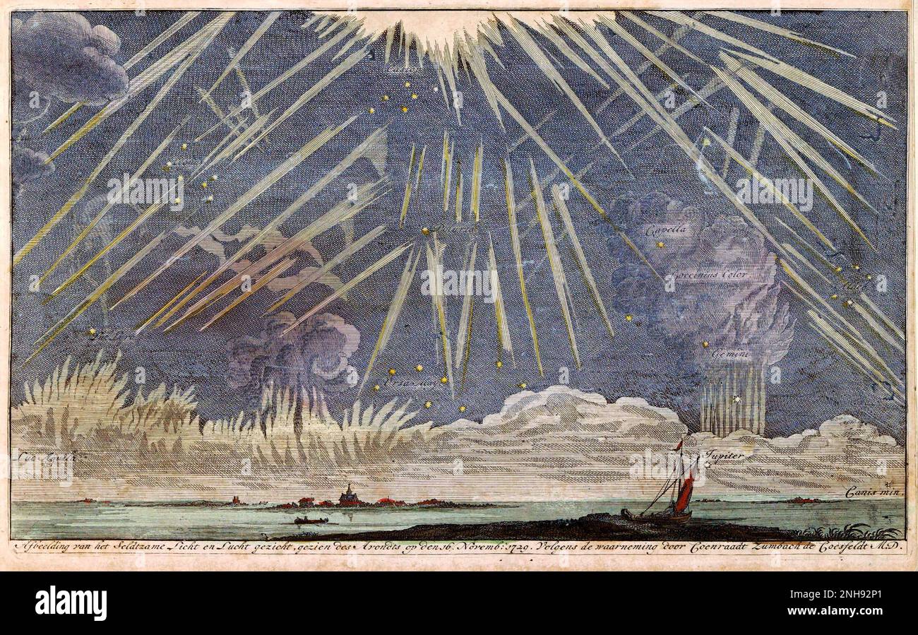 Illustrazione dei fenomeni celesti osservati il 16th novembre 1729 da Conrado Zumbach de Croesvelt. Foto Stock