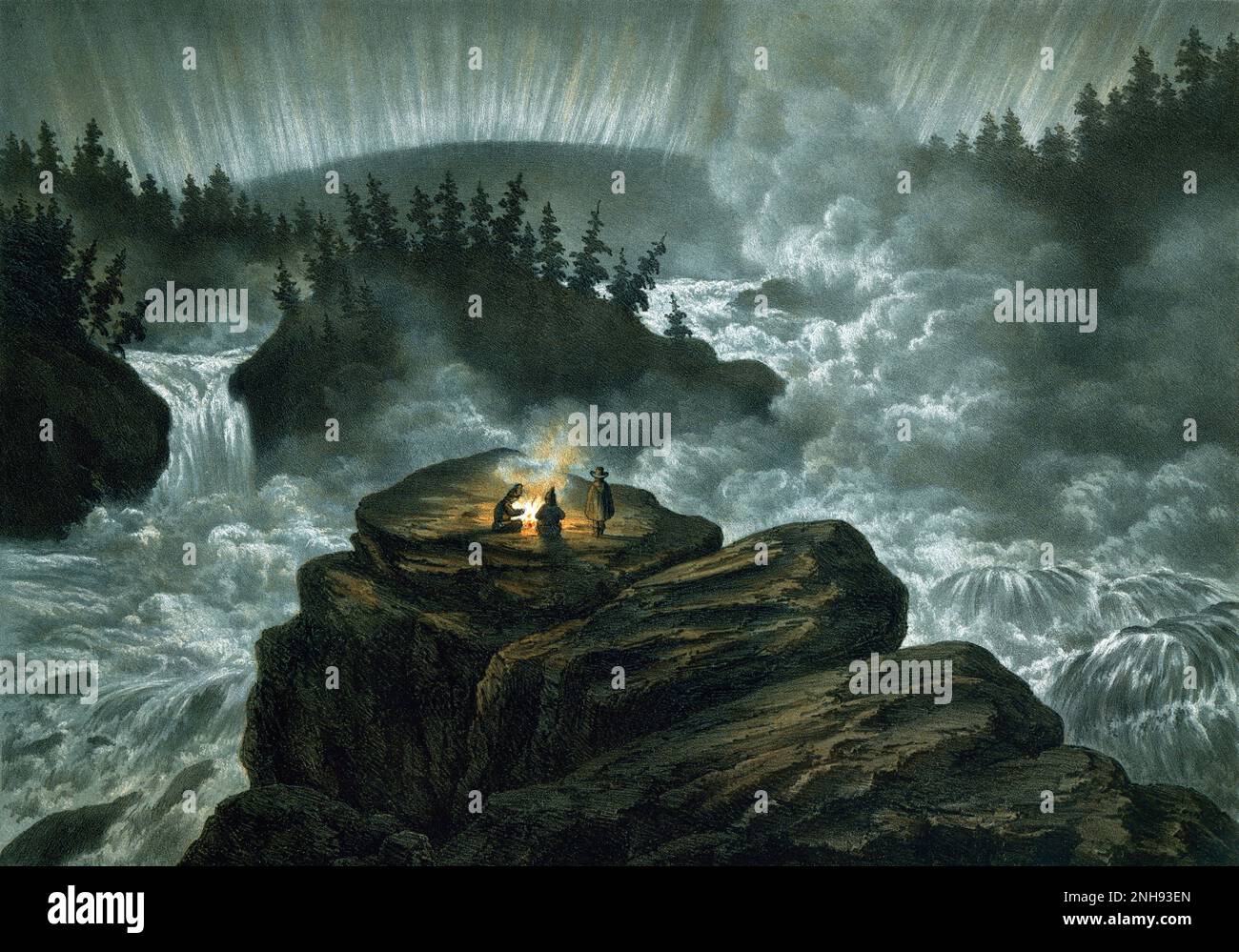 Chromolithograph di Carl Svante Hallbeck (1826-1897) che mostra la cascata Harspranget sul fiume Lule svedese nella notte polare con l'aurora boreale, 1856. Foto Stock