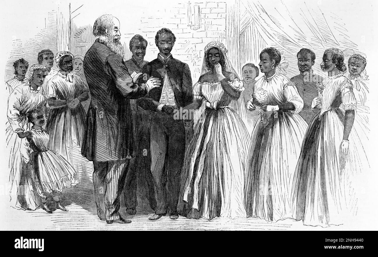 Matrimonio di un soldato nero a Vicksburg da parte di Chaplain Warren del Freedmen's Bureau. Dopo la guerra civile, il Freedmen's Bureau legalizzò i matrimoni ex schiavi. Illustrazione da Harper's Weekly di Alfred R. Waud, 30 giugno 1866. Foto Stock