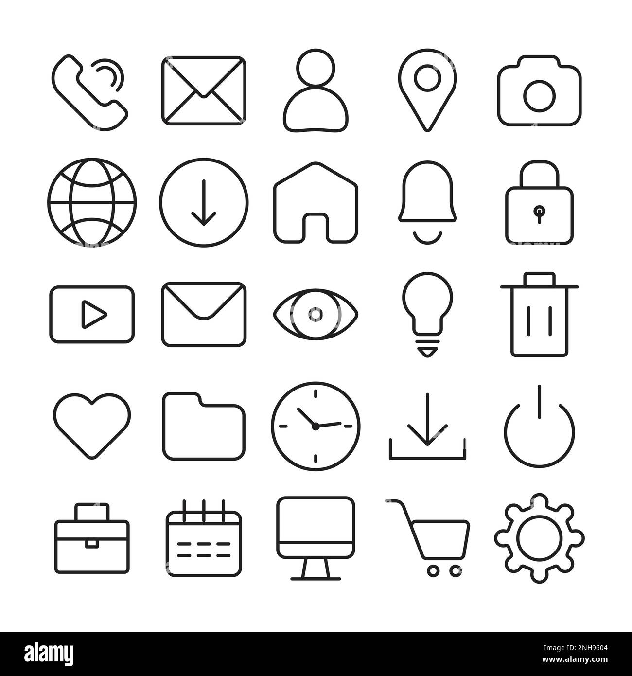Pacchetto icone Business Set con chiamata, messaggio, posizione, pulsante Home, orologio, impostazione ecc. contorno vettoriale Illustrazione Vettoriale