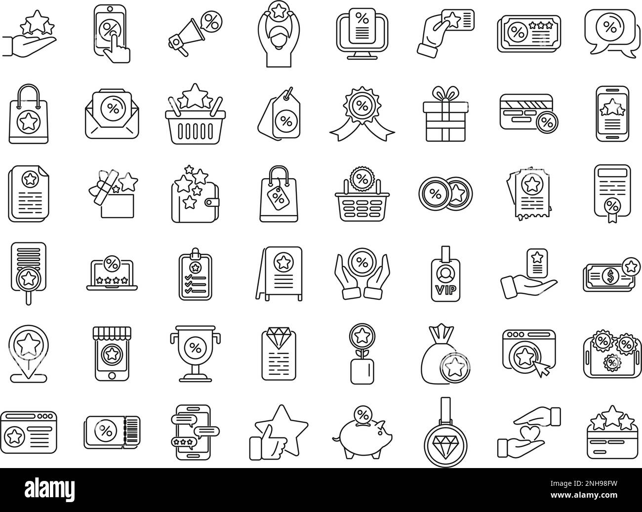 Le icone dei programmi fedeltà dei clienti definiscono il vettore di contorno. Membro del premio. Sistema indietro Illustrazione Vettoriale