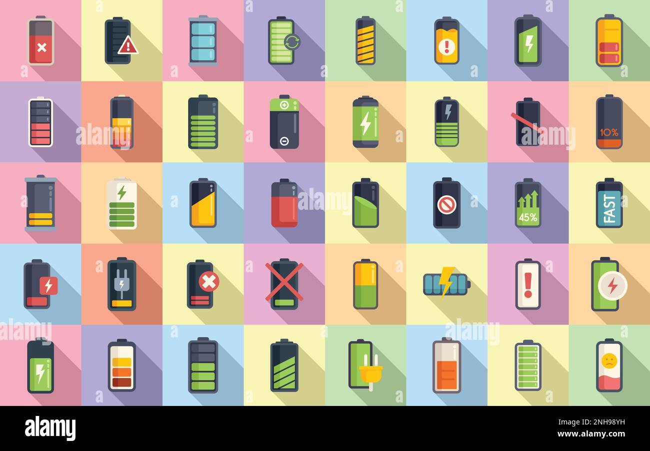 Le icone di carica della batteria impostano un vettore piatto. Energia di carica. Accendere il telefono Illustrazione Vettoriale