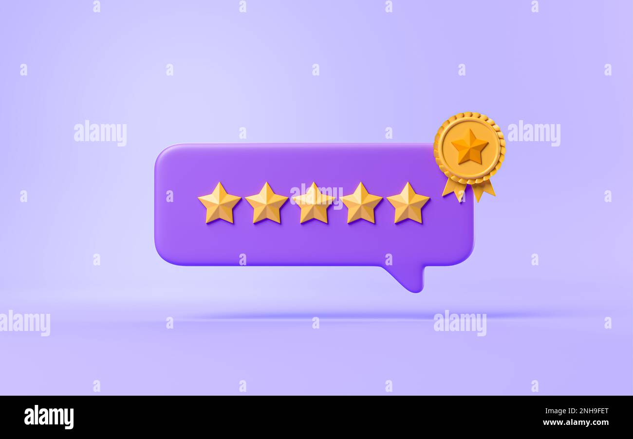 Chat Bubble parlare con cinque stelle punteggio Valutazione cliente qualità premium garanzia social media simbolo concetto galleggiante su sfondo viola pastello minim Foto Stock