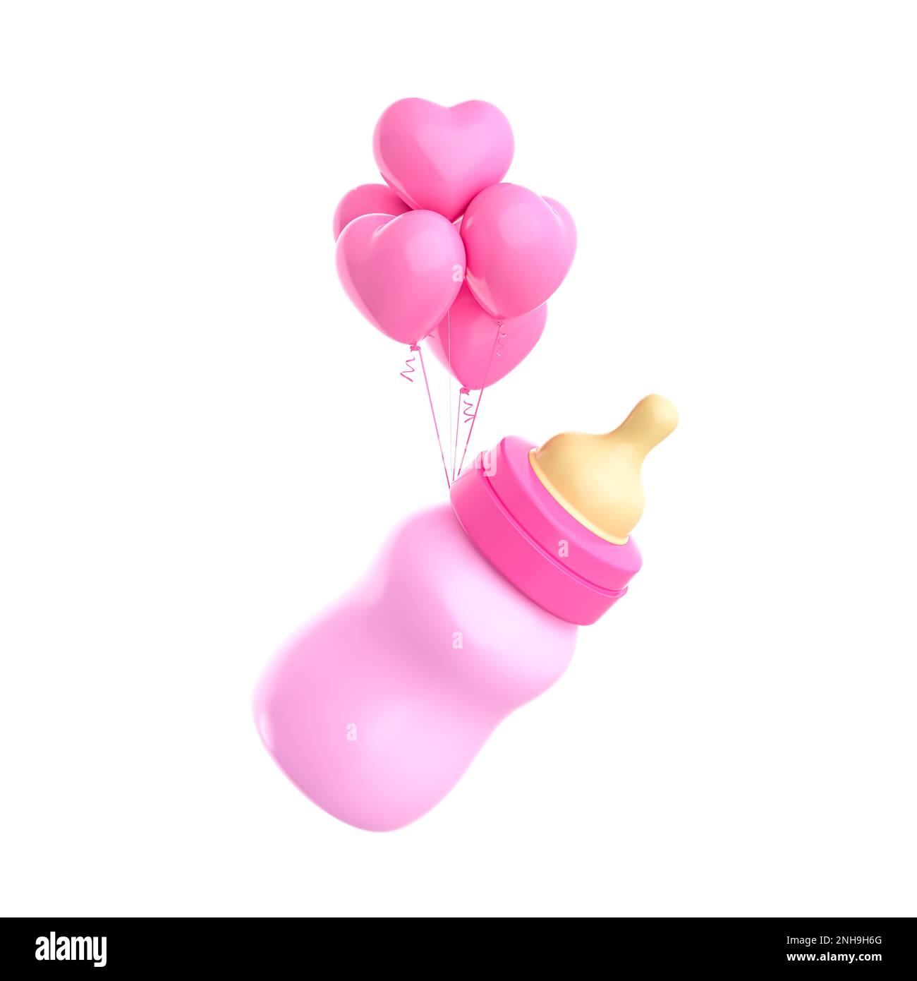 Biberon rosa con palloncino su sfondo bianco isolato. rendering 3d Foto Stock