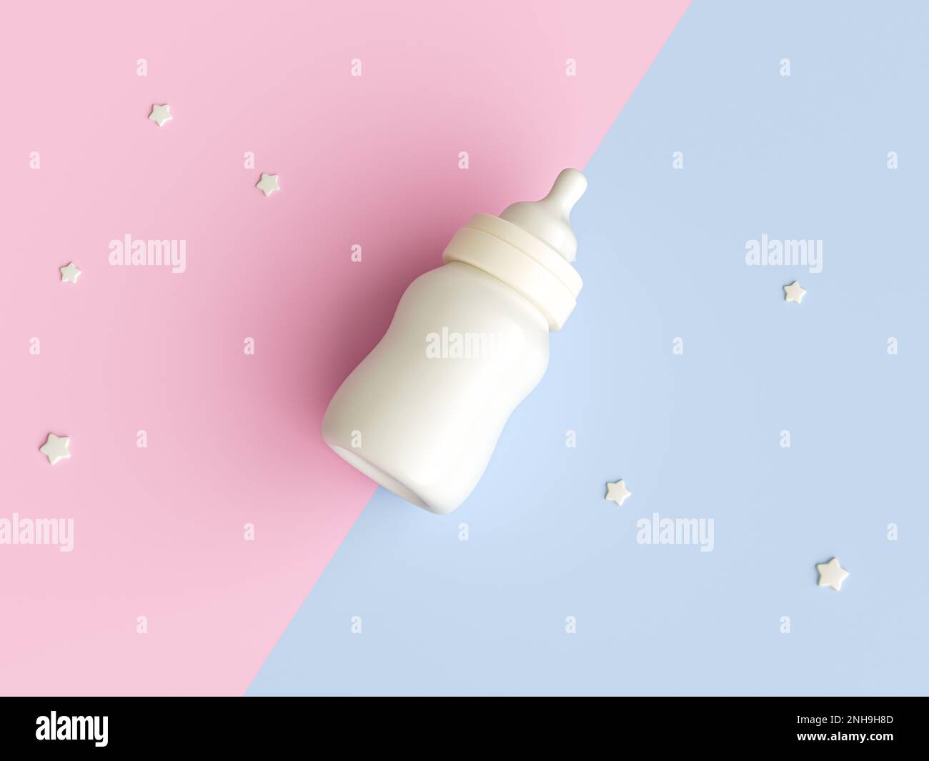 Concetto di accessori per bambini. Vista dall'alto della bottiglia di latte e delle stelle dorate su un isolato sfondo rosa pastello e blu. illustrazione 3d Foto Stock