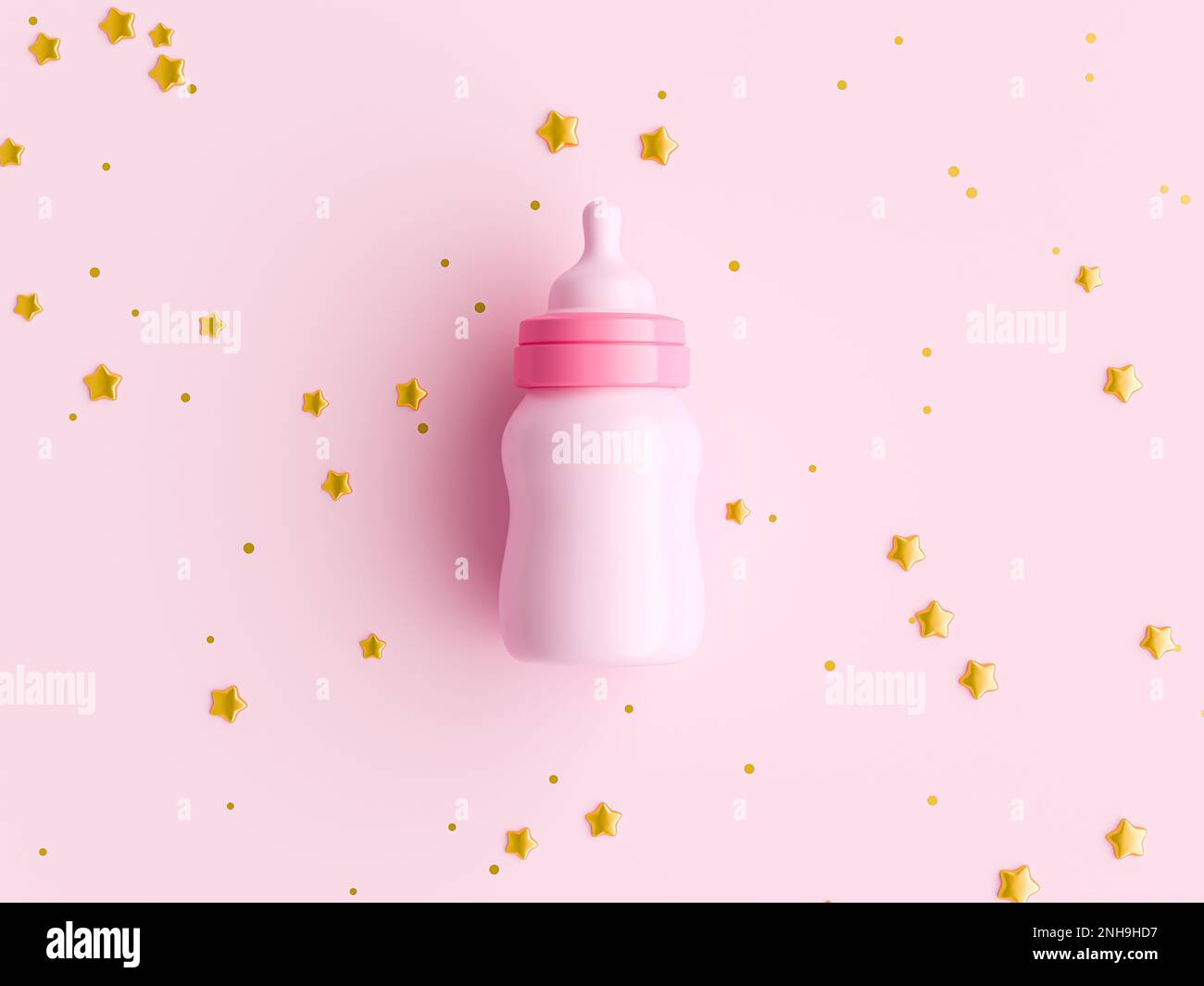 Concetto di accessori per bambini. Vista dall'alto della bottiglia di latte e delle stelle dorate su un isolato sfondo rosa pastello. illustrazione 3d Foto Stock