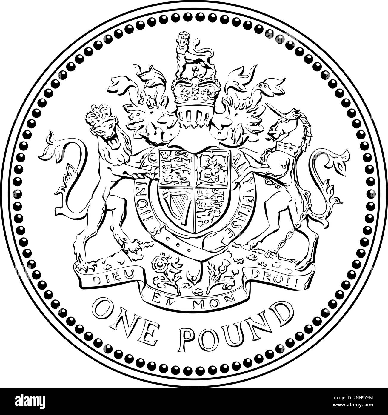 Moneta britannica d'oro una libbra con l'immagine di un leone araldico, unicorno, scudo e corona, bianco e nero Illustrazione Vettoriale
