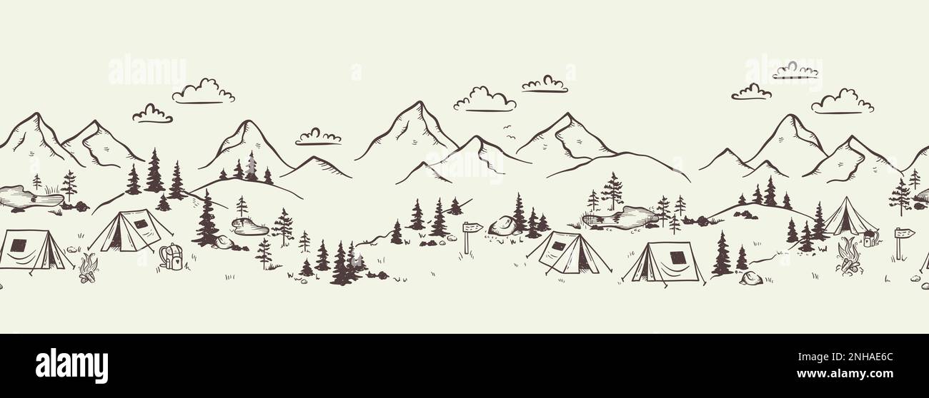 Carino disegno a mano senza cuciture con camping doodles, tende, paesaggio e sentieri, ideale per tessuti, striscioni, sfondi Illustrazione Vettoriale
