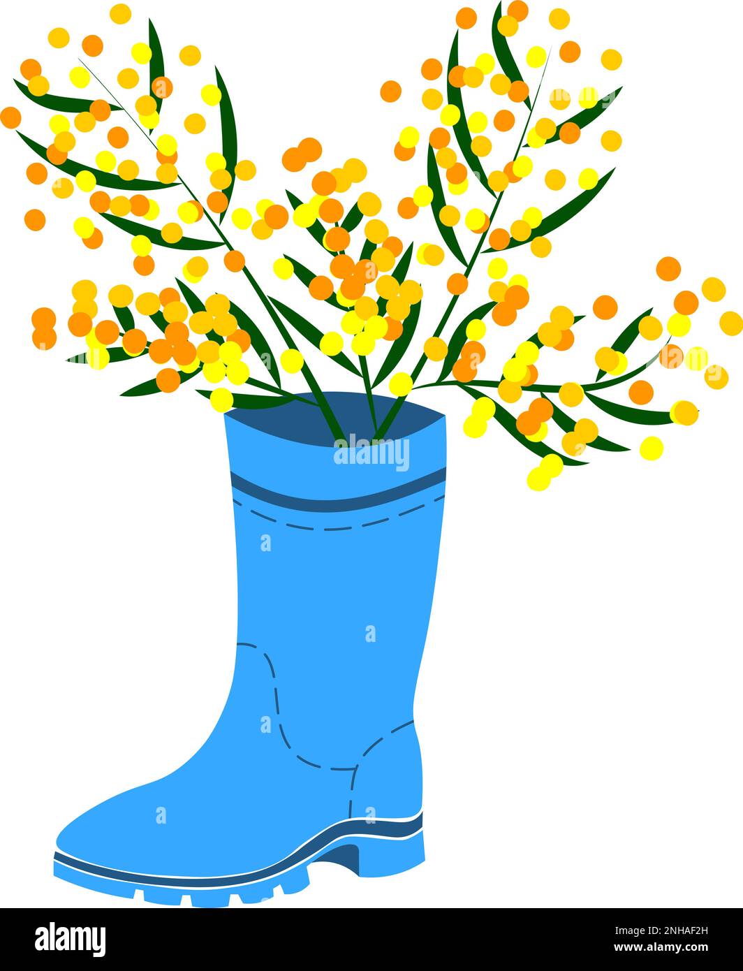 Bouquet di fiori mimosa messo su scarpe stivali di gomma Wellies stivali Wellington colorato su blu Illustrazione Vettoriale