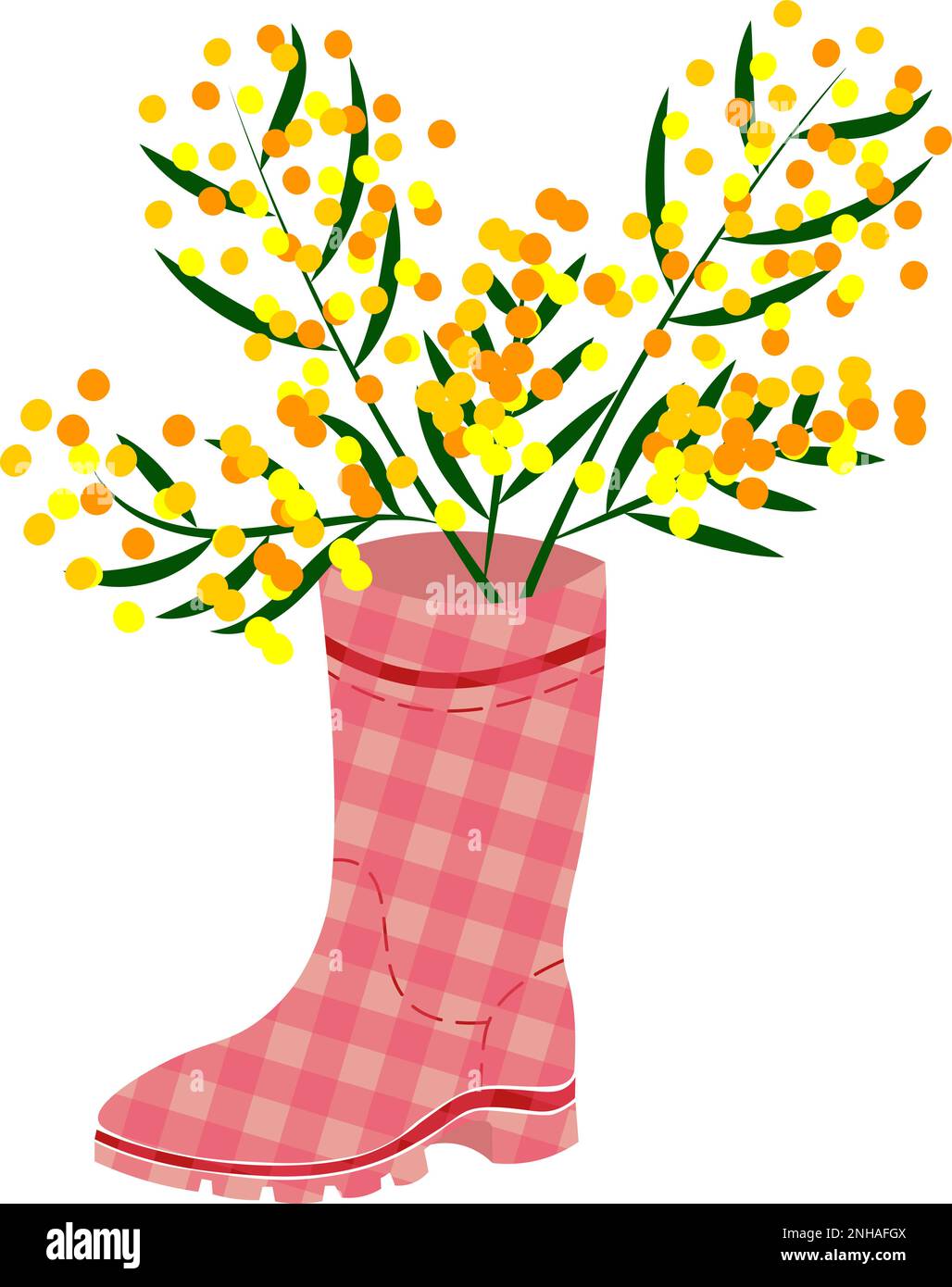 Bouquet di fiori mimosa messo su scarpe stivali in gomma a scacchi stivali Wellies Wellington colorati su rosso Illustrazione Vettoriale