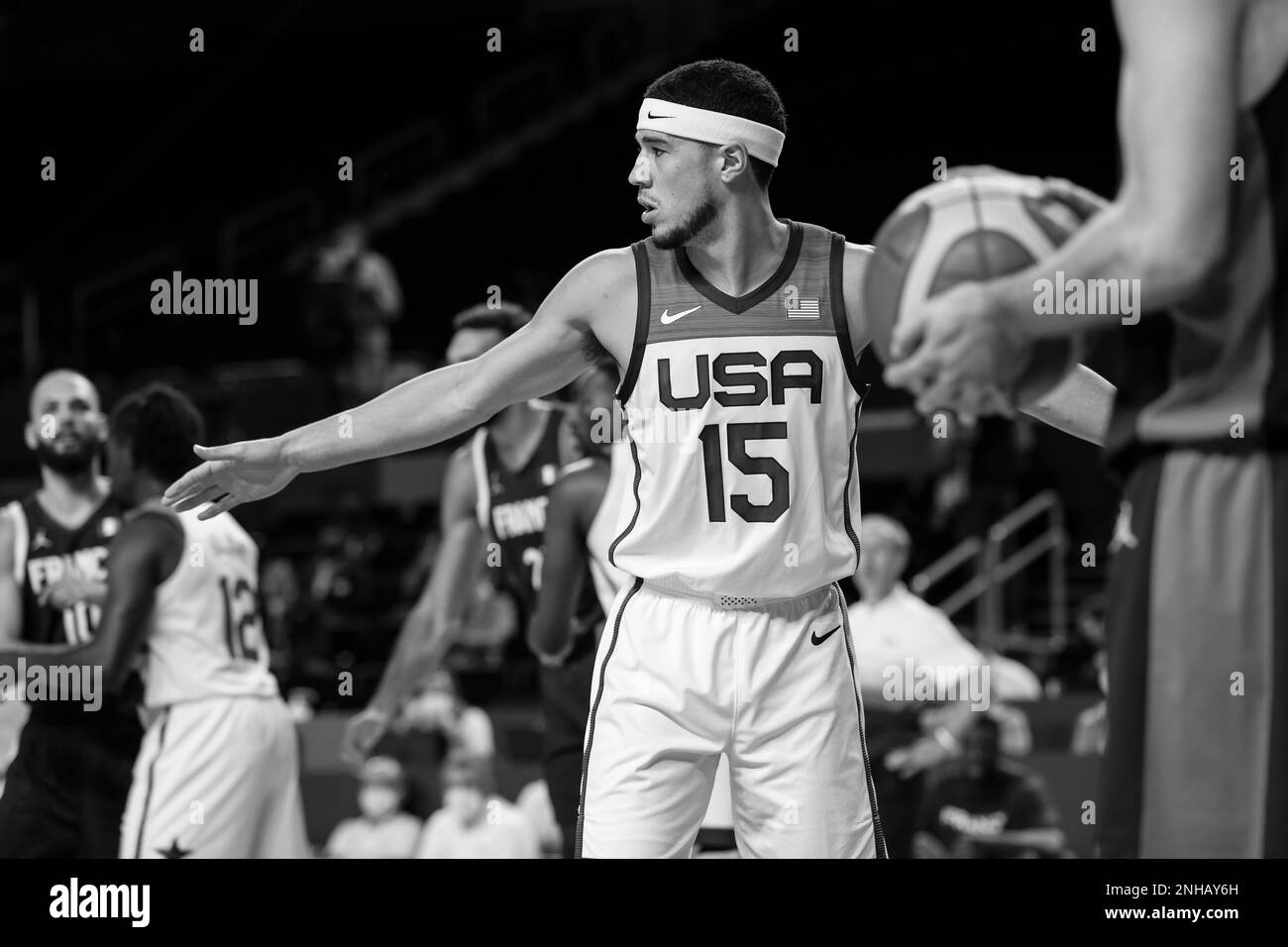 7 AGOSTO 2021: Devin Booker degli Stati Uniti nella finale di pallacanestro maschile tra Stati Uniti e Francia ai Giochi Olimpici di Tokyo 2020 (Foto di Mickael Chavet/RX) Foto Stock