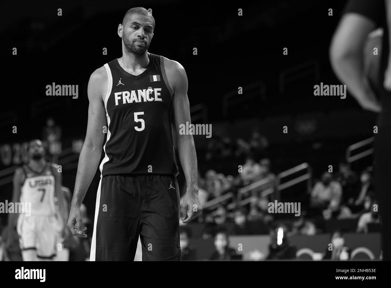 7 AGOSTO 2021: Nicolas Batum di Francia nella finale di pallacanestro maschile tra Stati Uniti e Francia ai Giochi Olimpici di Tokyo 2020 (Foto di Mickael Chavet/RX) Foto Stock