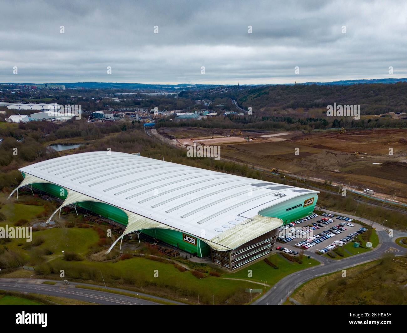 JCB Stoke Drone Shot Foto Stock