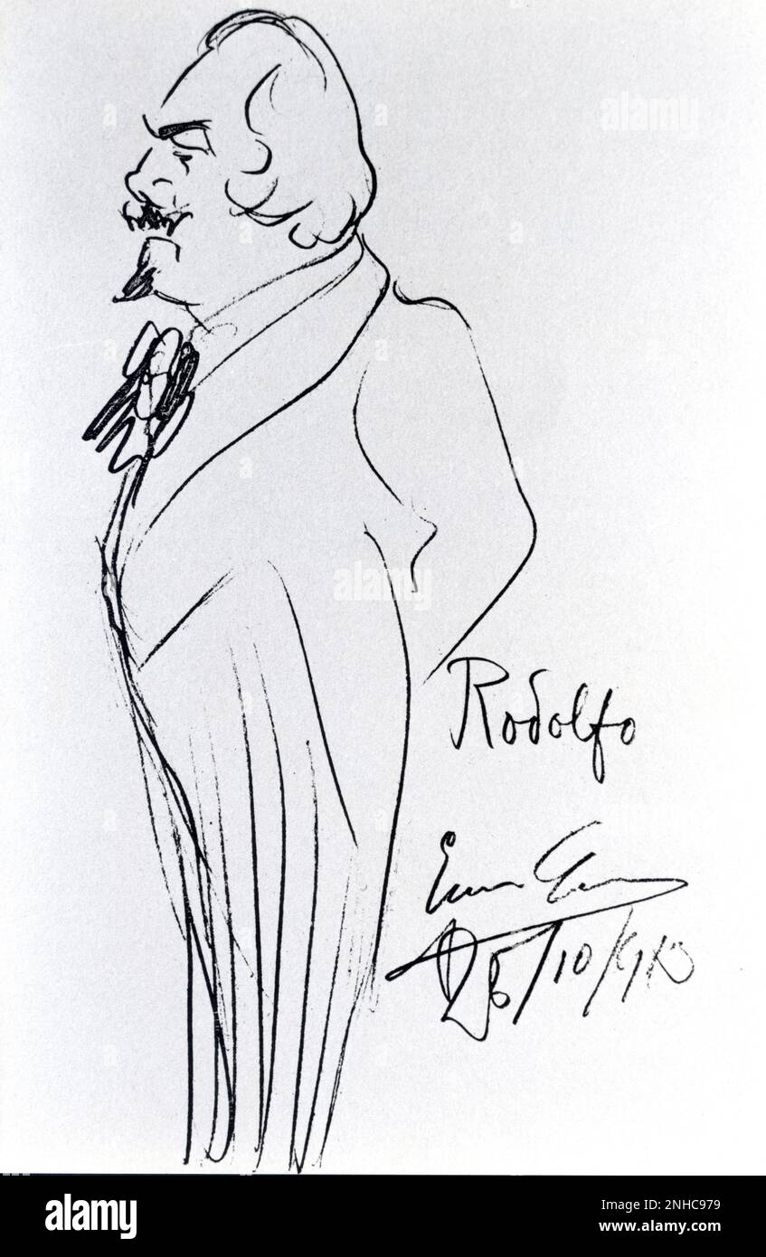 1913 , ITALIA : cantante lirica italiana , tenore ENRICO CARUSO ( 1873 - 1921 ) Autoritratto come Rodolfo in BOEMA di Giacomo Puccini - MUSICA CLASSICA LIRICA - CLASSICA - MUSICA - ritratto - TENORE - autoritratto - autoritratto - profilo - profilo - caricatura - TEATRO - Teatro - autografo - prima - autografo - firma - firma - firma --- Archivio GBB Foto Stock