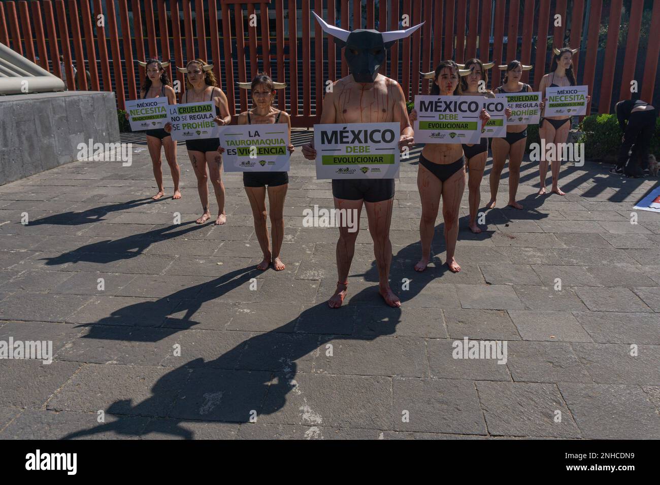 Città del Messico, Messico. 21st Feb, 2023. Febbraio 21, 2023. Città del Messico, Messico: Membri del collettivo ''Animal Heroes'', protestato pacificamente fuori della camera dei repressivi a San Lázaro, Alcuni dei membri di questo collettivo dipingevano i loro corpi con vernice rossa per simulare il sangue e usavano corna e maschere per chiedere ai deputati federali di dettaminare sulla proposta legislativa che avevano fatto all'invidio della tortura dei tori negli eventi della corrida./Eyepix Group Credit: Sipa USA/Alamy Live News Foto Stock