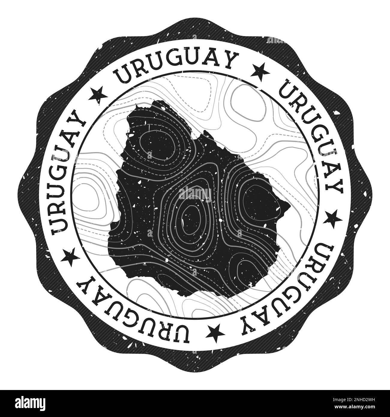 Francobollo Uruguay all'aperto. Adesivo rotondo con mappa del paese con isoline topografiche. Illustrazione vettoriale. Illustrazione Vettoriale