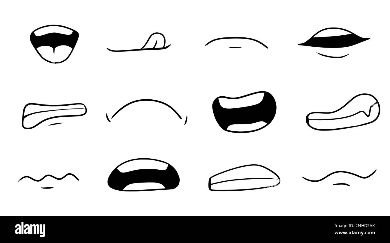Cartone animato bocca sorriso, felice, triste espressione set. Bocca di doodle disegnata a mano, lingua caricatura emoji icona. Divertente stile comico doodle. Illustrazione vettoriale. Illustrazione Vettoriale